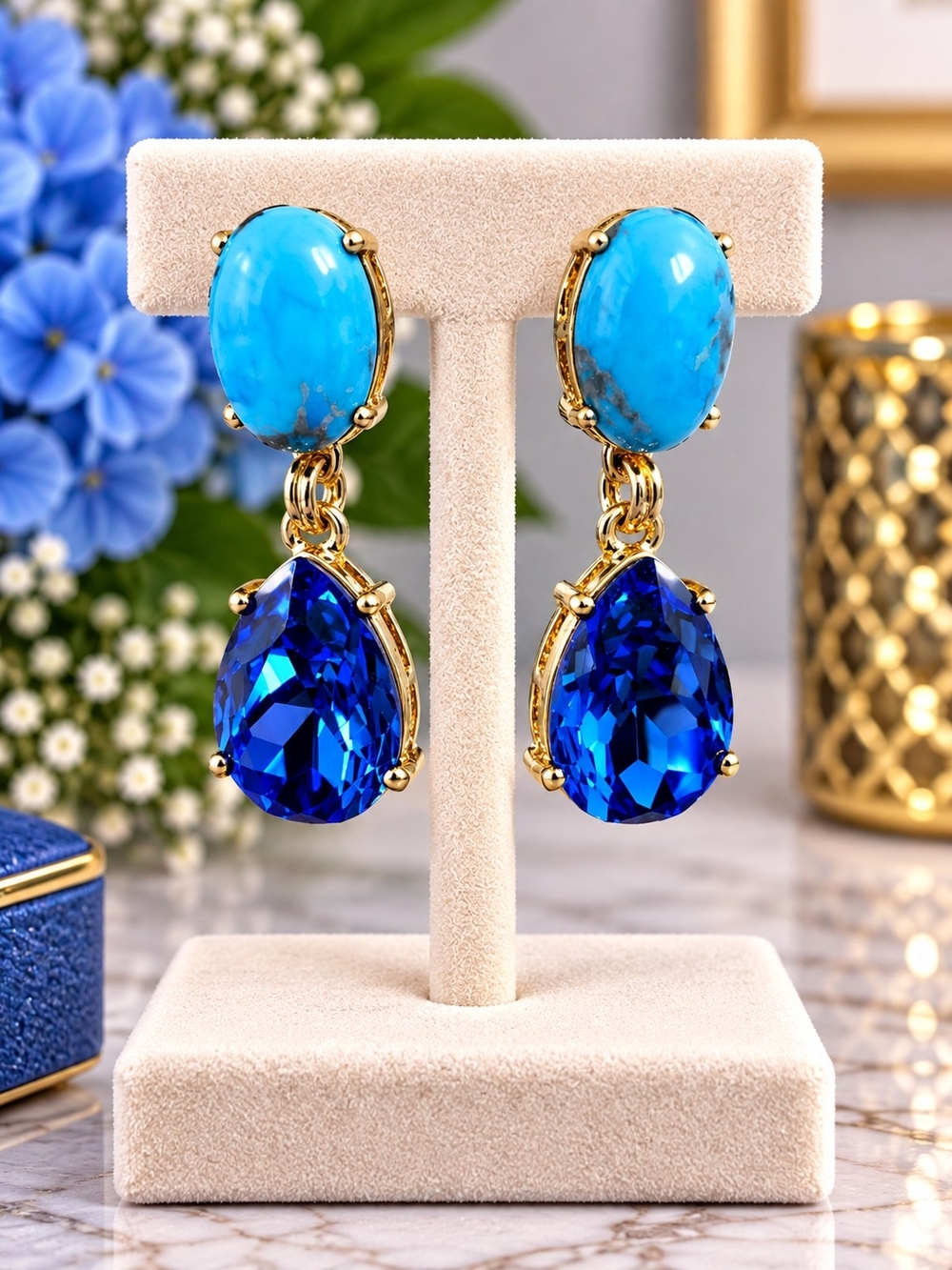 Gold-Drop Blue & Turquoise Teardrop Earrings